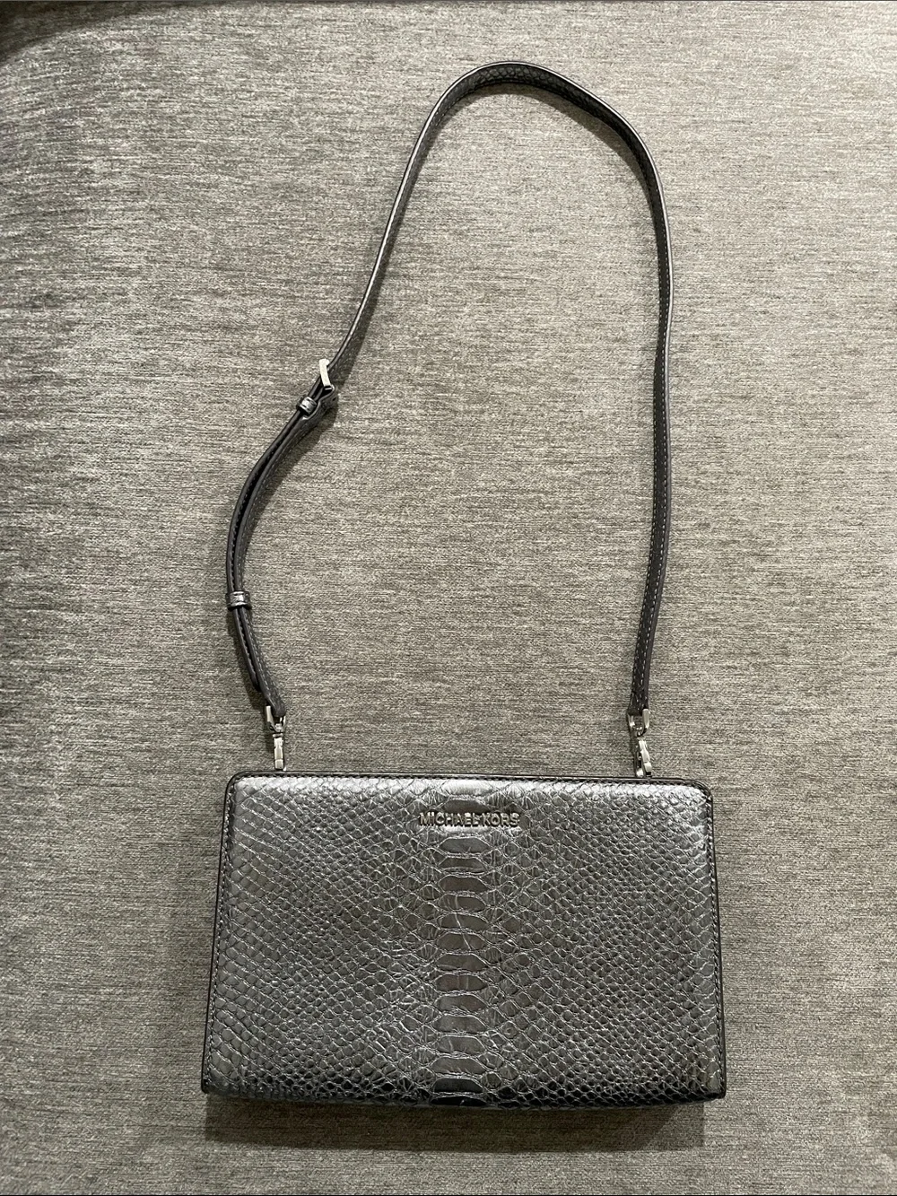 Michael Kors Embossed Leather Large Crossbody Clutch Bag- Pewter